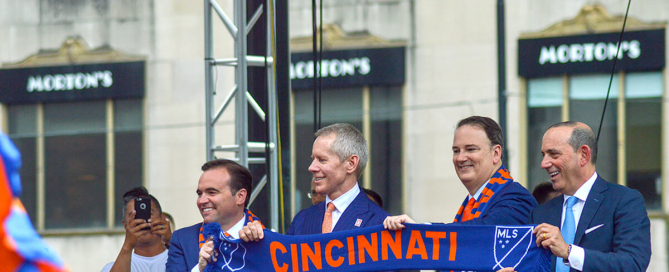 The FC Cincinnati MLS scarf is unveiled at Fountain Square.