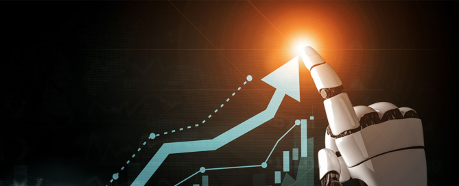 A robot hand points to graph.
