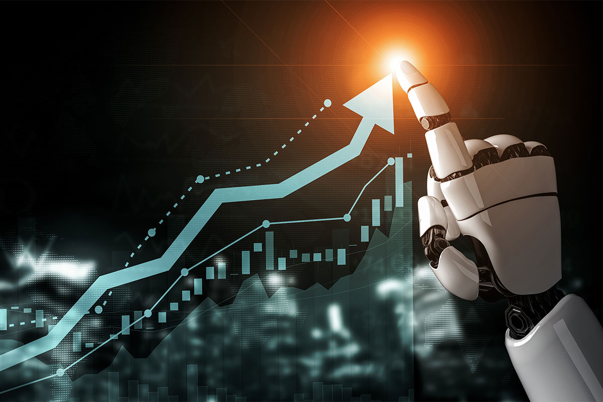 A robot hand points to graph.