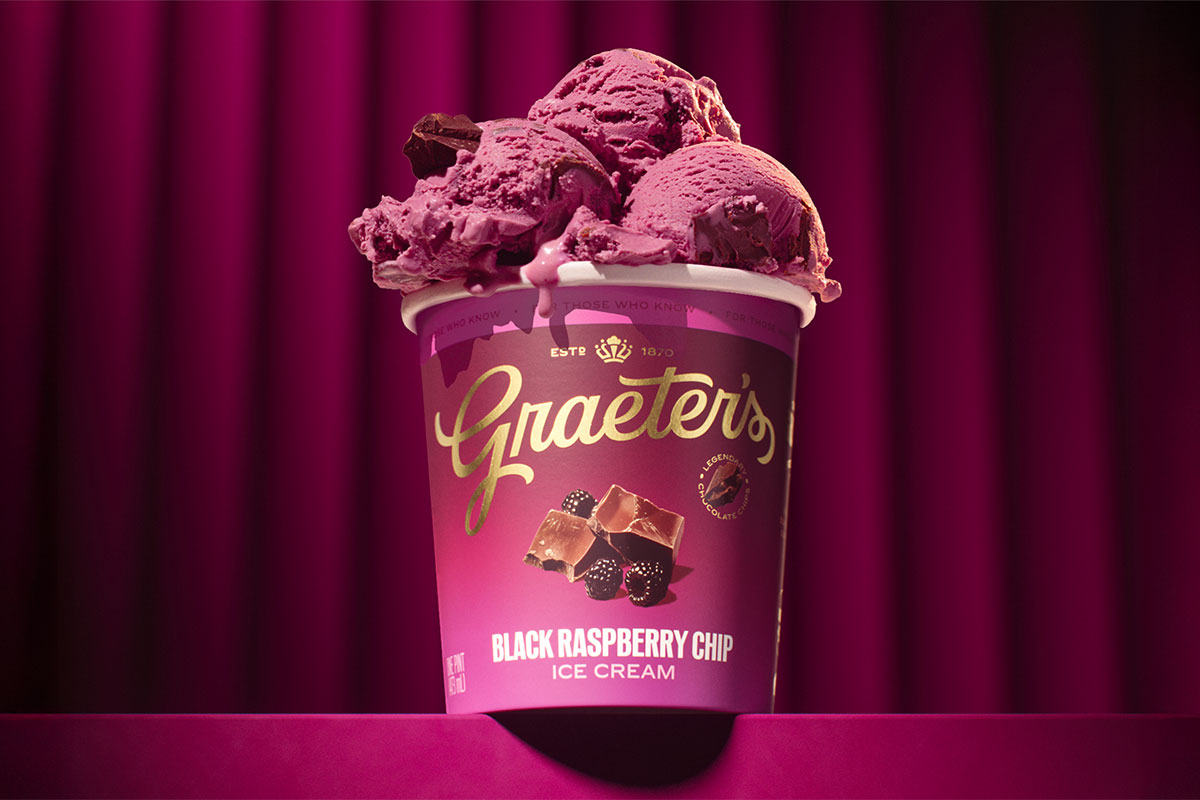 The new Graeter's branding as displayed on the packaging for a pint of black raspberry chip.